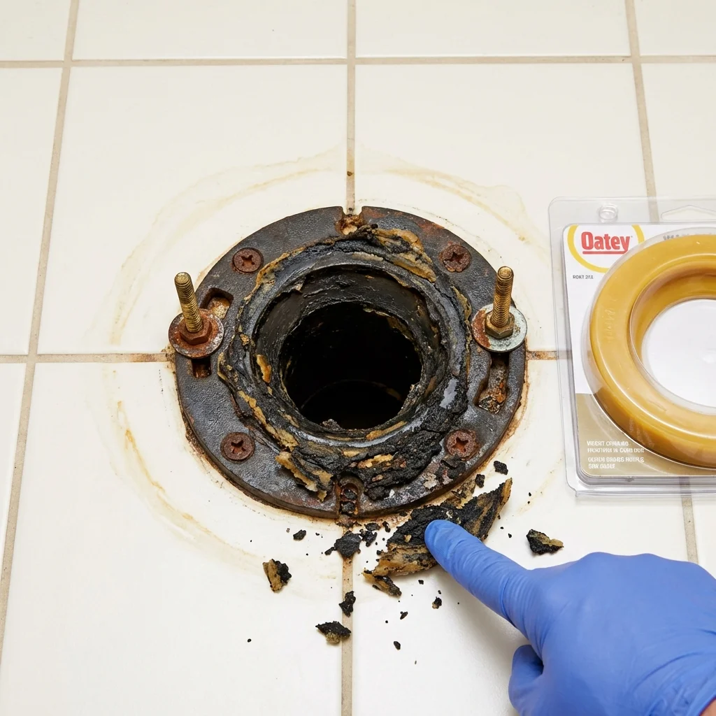 Failed wax ring showing water seepage at the base of a toilet in a Carlisle, AR home