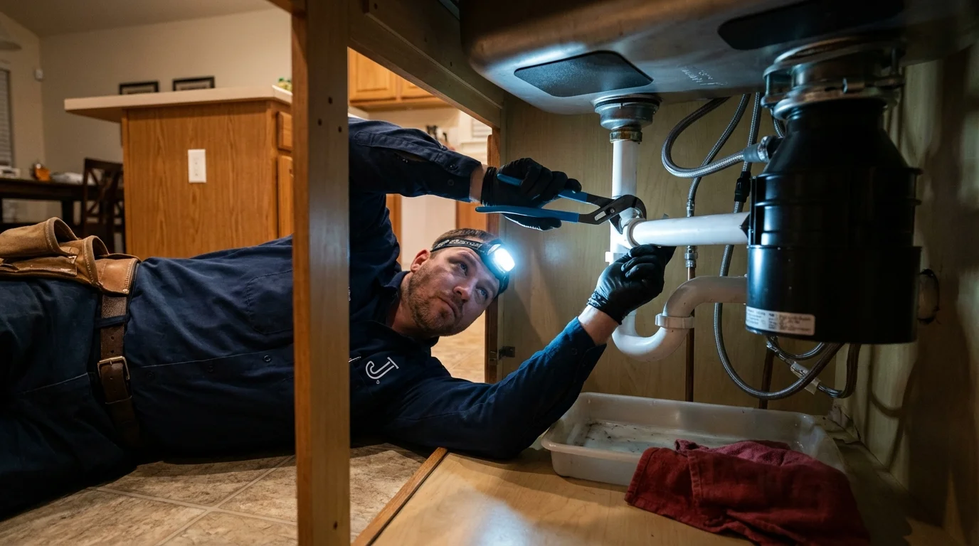 P-trap and supply line connections under a kitchen sink showing a common leak point in Carlisle, AR
